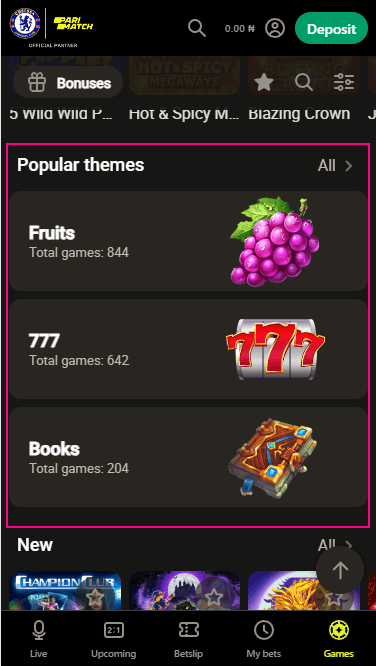 "Popular themes" block on Parimatch Casino