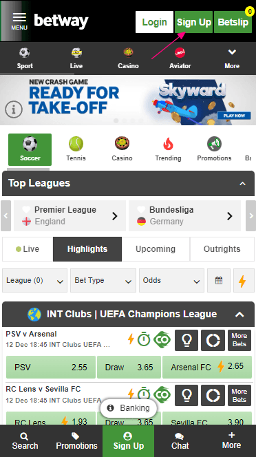Betway registration button