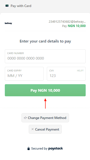 Betway form for filling in debit card details 