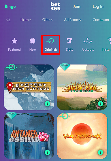 Originals category on Bingo Bet365