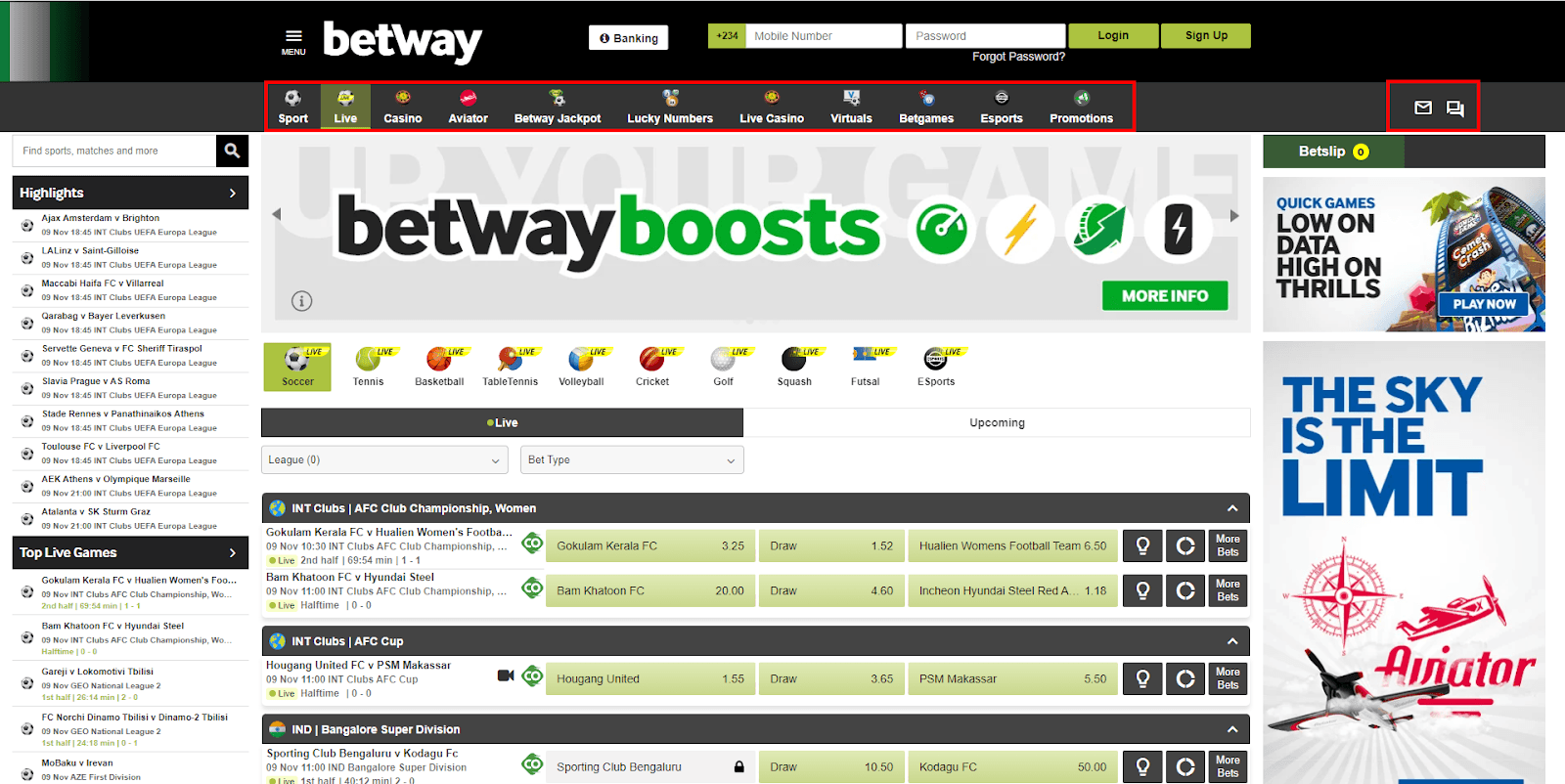 Betway top menu