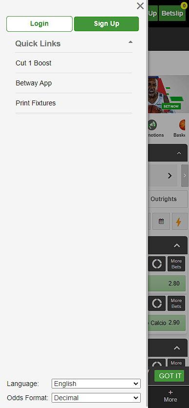 Betway mobile version menu
