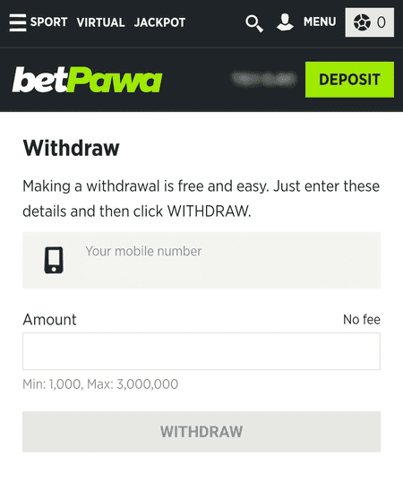 betPawa withdrawal menu