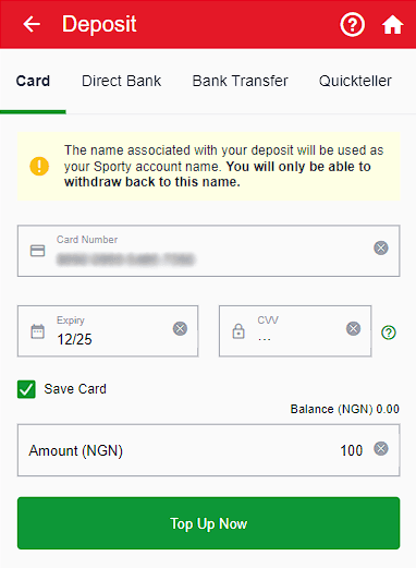 Deposit via card in Sportybet