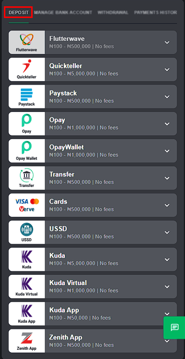 Deposit methods at Surebet247