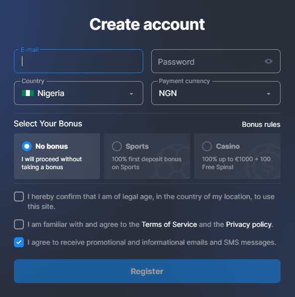 Registration form Betmaster