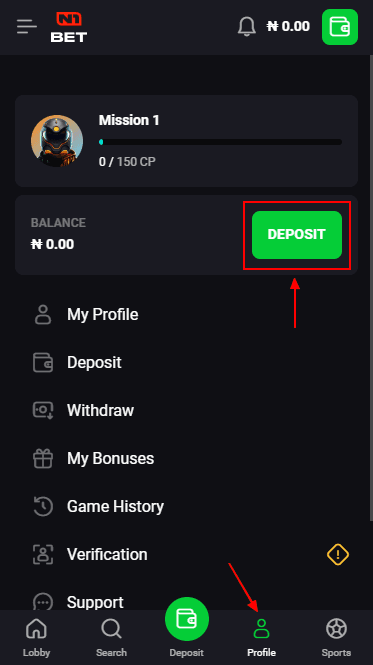 N1bet deposit button