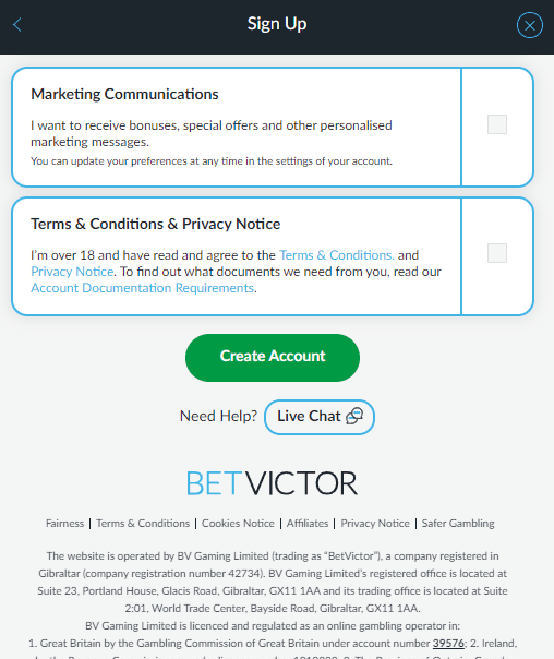 The third step of registration at BetVictor