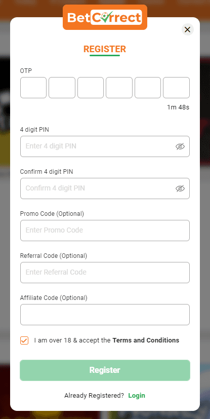 BetCorrect registration form