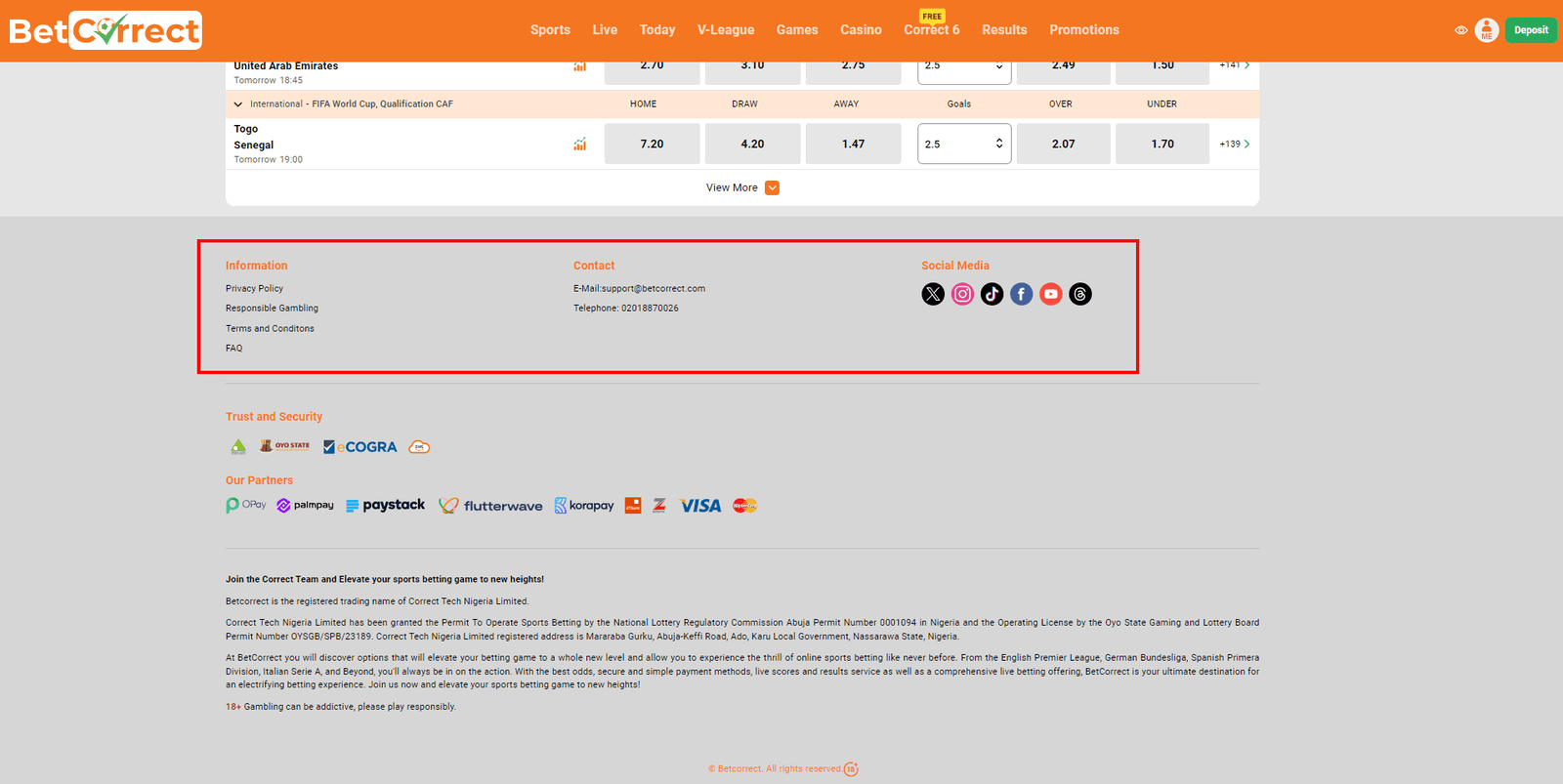 The bottom of the BetCorrect website