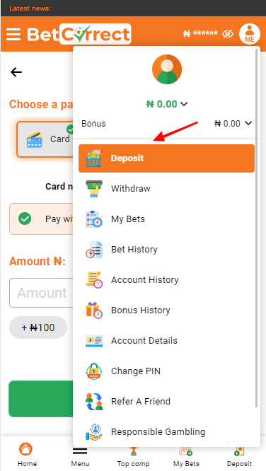 Deposit button BetCorrect