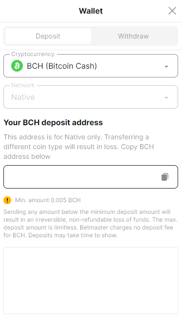 Deposit at Betmaster by crypto