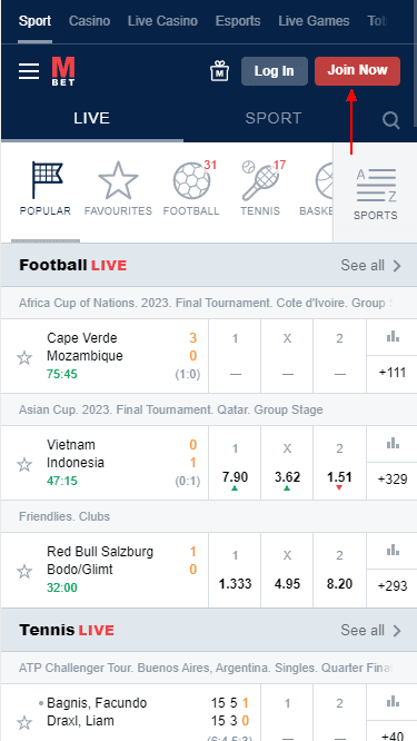 Join Now" button in the Marathonbet app