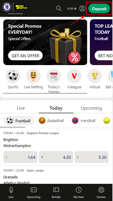 PariMatch "Deposit" button