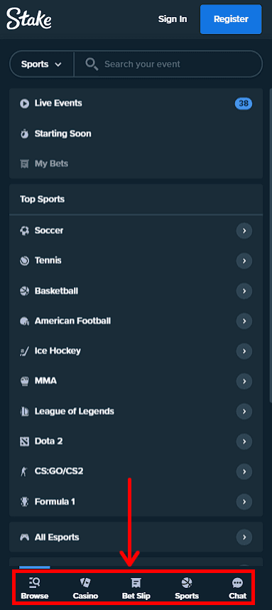 Stake bookmaker's mobile site