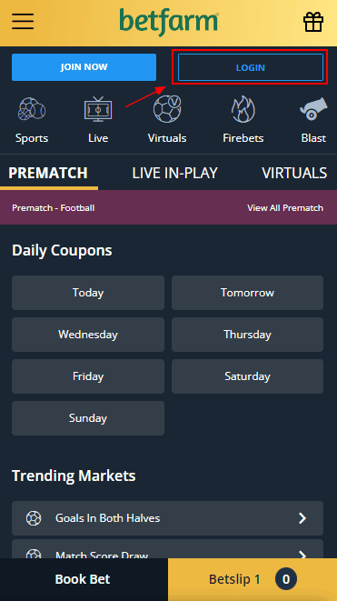 Login button on the Betfarm website