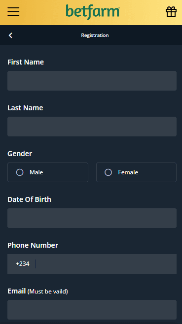 The first step of registartion on Betfarm