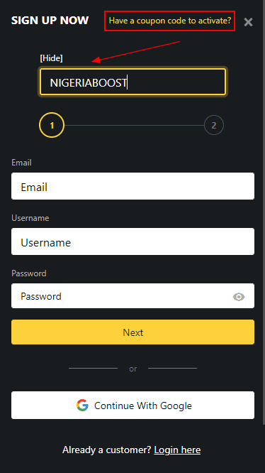 Promo code field in the registration form