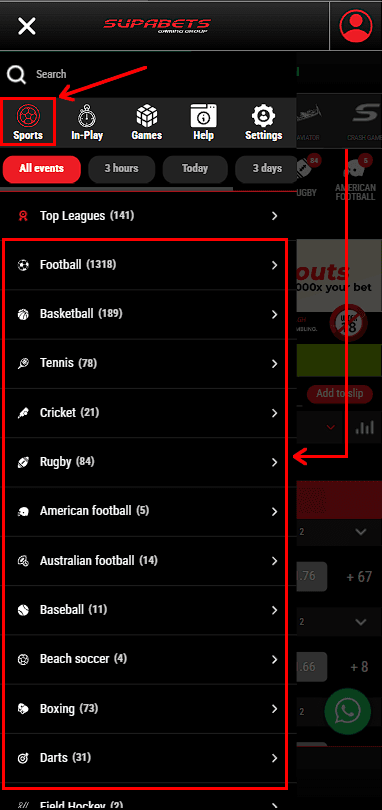 Supabets range of sports