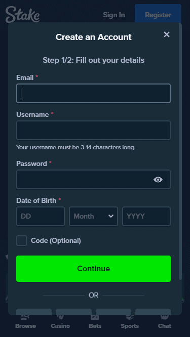 The second step of registration at Stake