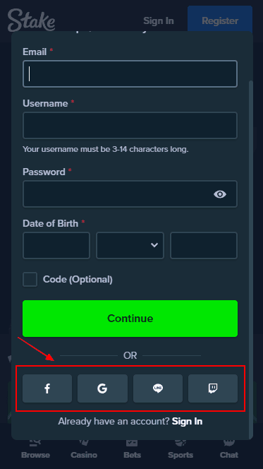 Signing up for Stake using social networks