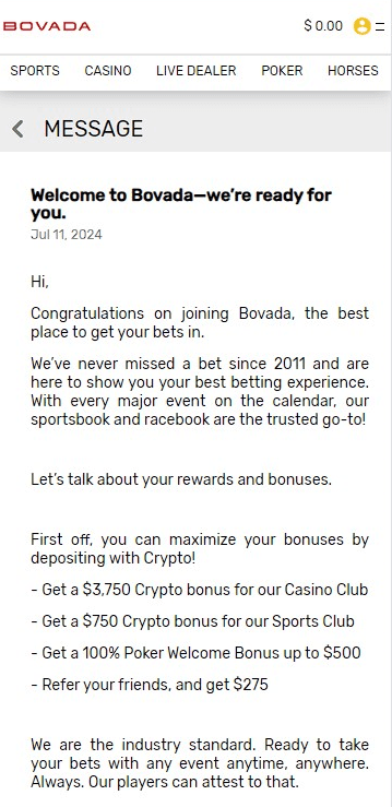 bovada welcome massage