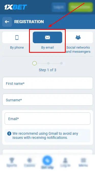 1xBet - E-mail Registration In Mobile App