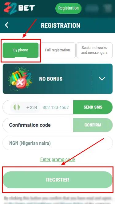 22Bet Nigeria Registration Form