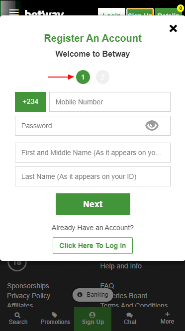 The first step of registration in the Betway app
