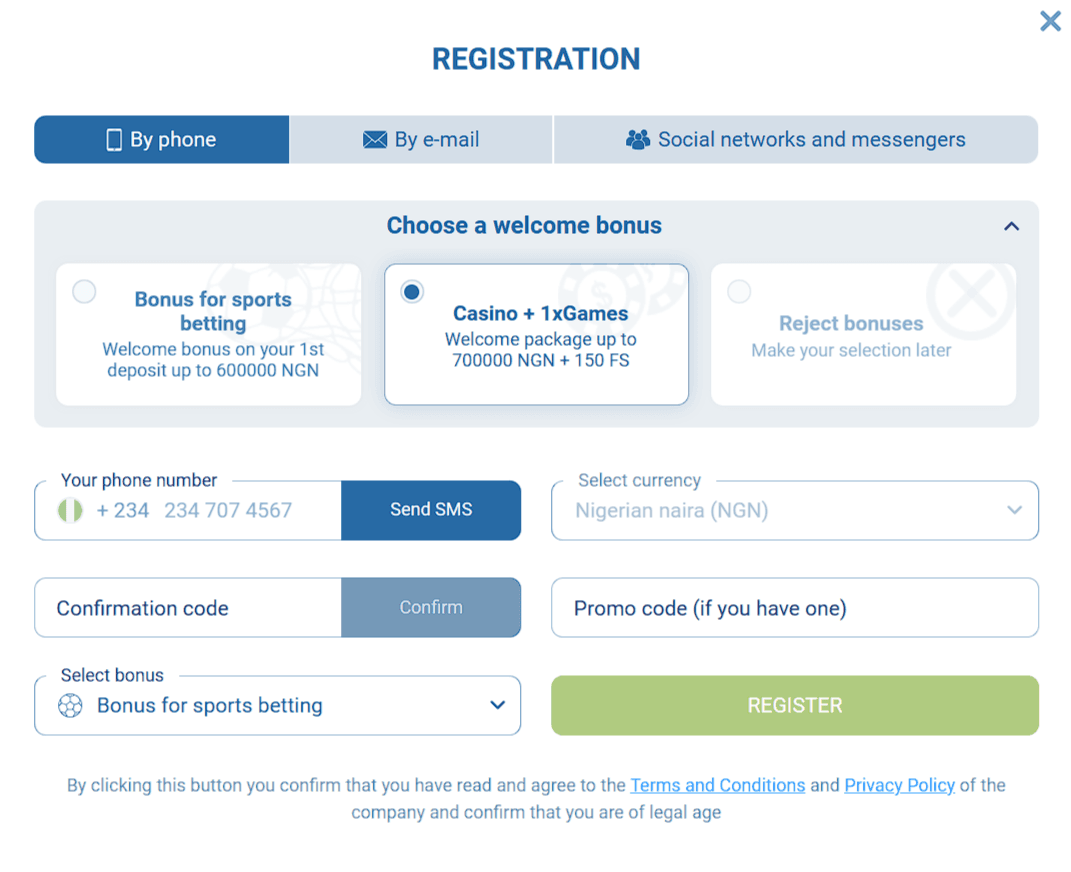 1xbet Nigeria Registration