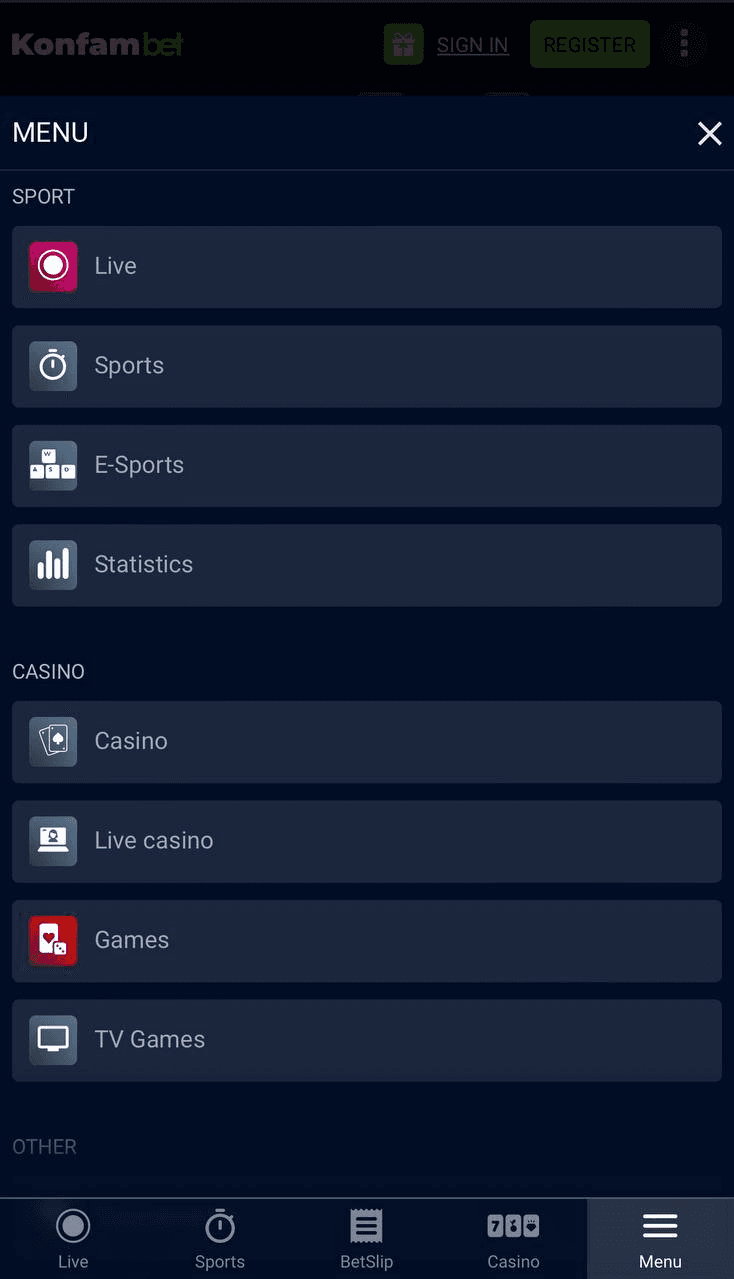 Mobile version Konfambet menu