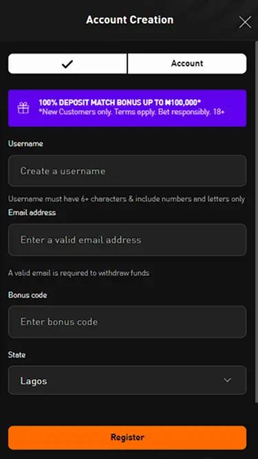 Account creation on LiveScoreBet