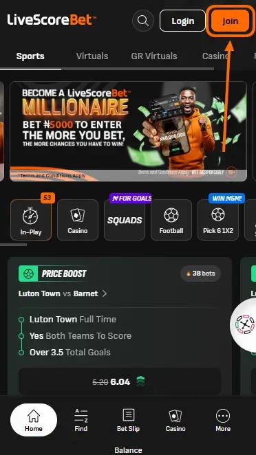 LiveScore Bet join button