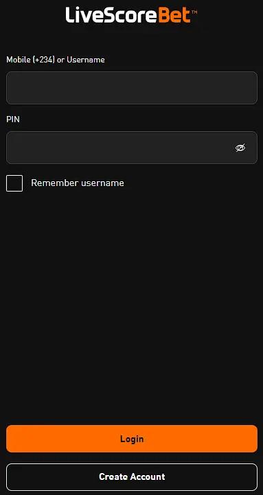 LiveScore Bet login form Nigeria